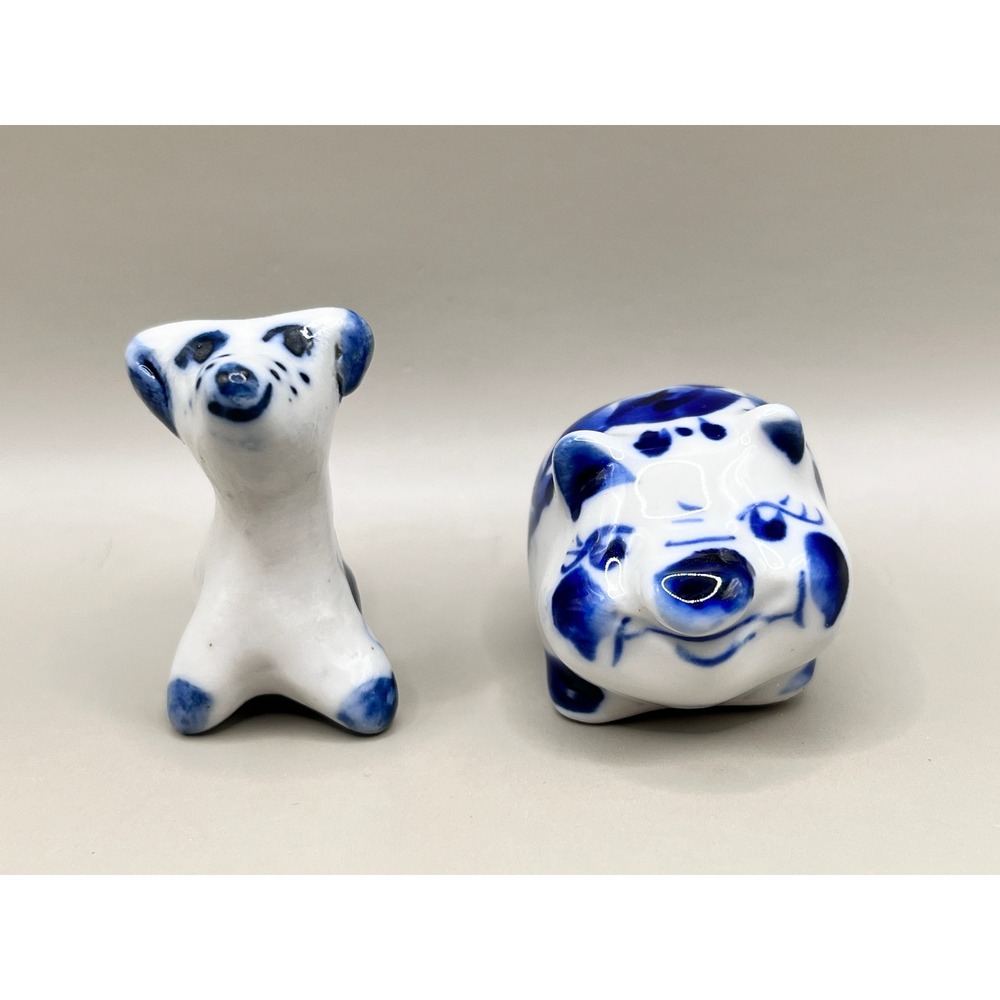 Vtg 1991 Gzhel Russian Porcelain Dog Pig Miniature Figurines Blue White 1.75"